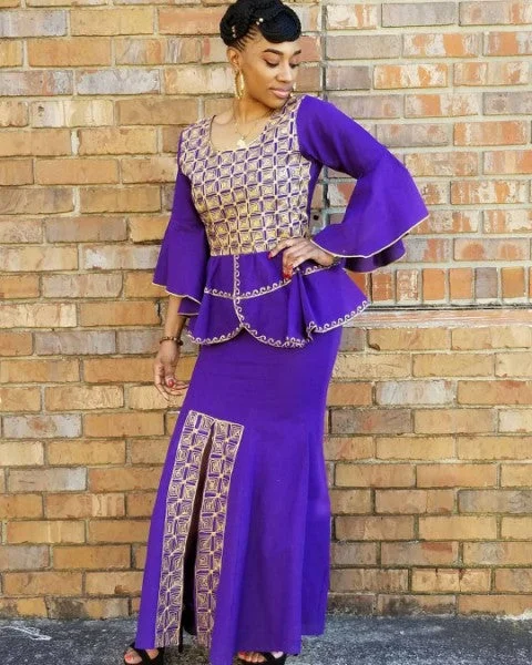 Purple African Top and Skirt with Gold Embroidery-DP3839TS patchwork skirt art