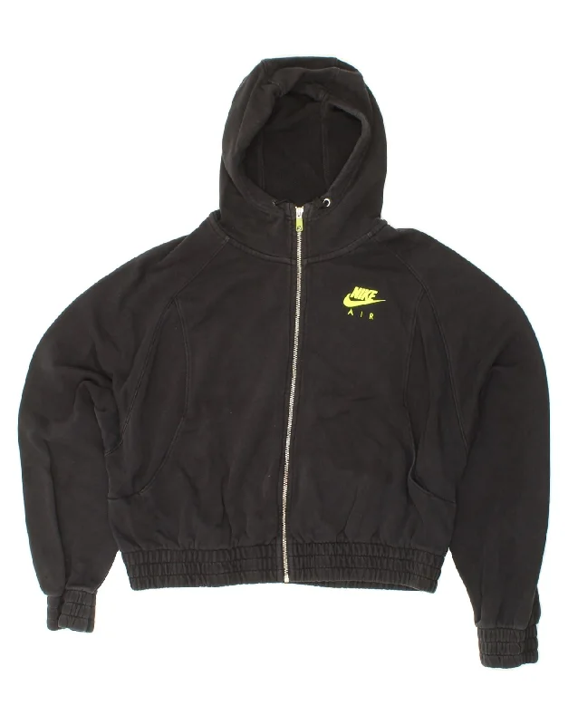 NIKE Womens Oversized Graphic Zip Hoodie Sweater UK 16 Large Black Cotton Faux Fur Fabric Real Fur Fabric Shearling Fabric