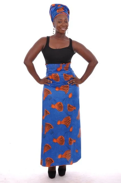 Blue and Orange African Print Skirt-DP3900 leather skirt bold