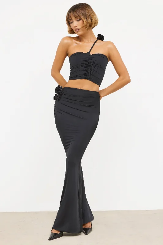 Slinky Jersey Rose Detail Mid-Rise Maxi Skirt in Black Lavender Jersey Tee