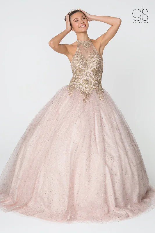 Gold Applique Halter Ball Gown with Glitter Skirt by Elizabeth K GL2805 midi skirt versatile
