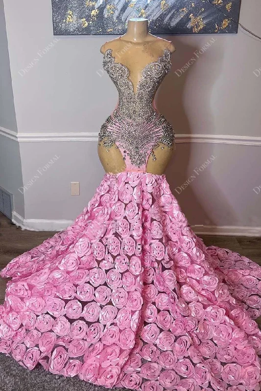 Pink 3D Roses Trumpet Crystals Illusion V-neck Handmade Prom Dress Crew Neckline Casual