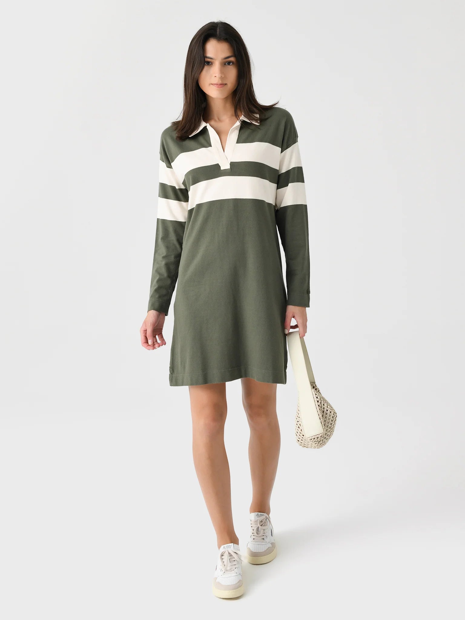 Rugby Sport Jersey Polo Dress - Green Open Stripe Cream Jersey Tee