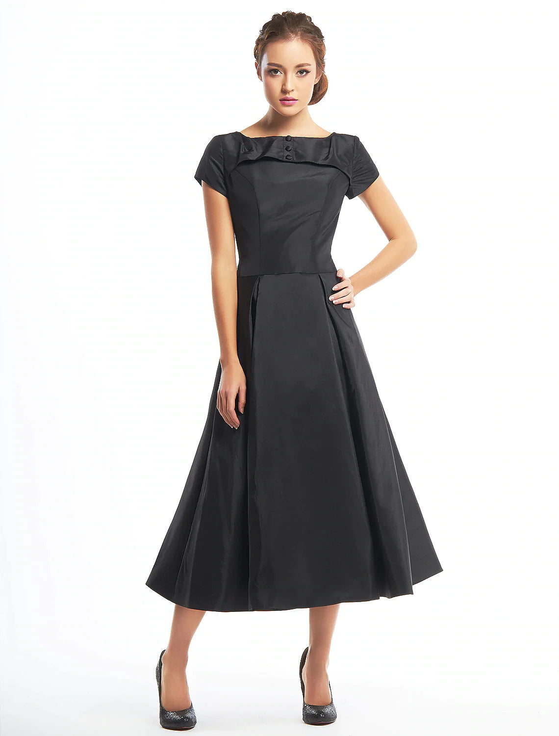 A-Line Vintage Dress Homecoming Short Sleeve Boat Neck Taffeta Buttons Tunics Cozy soft