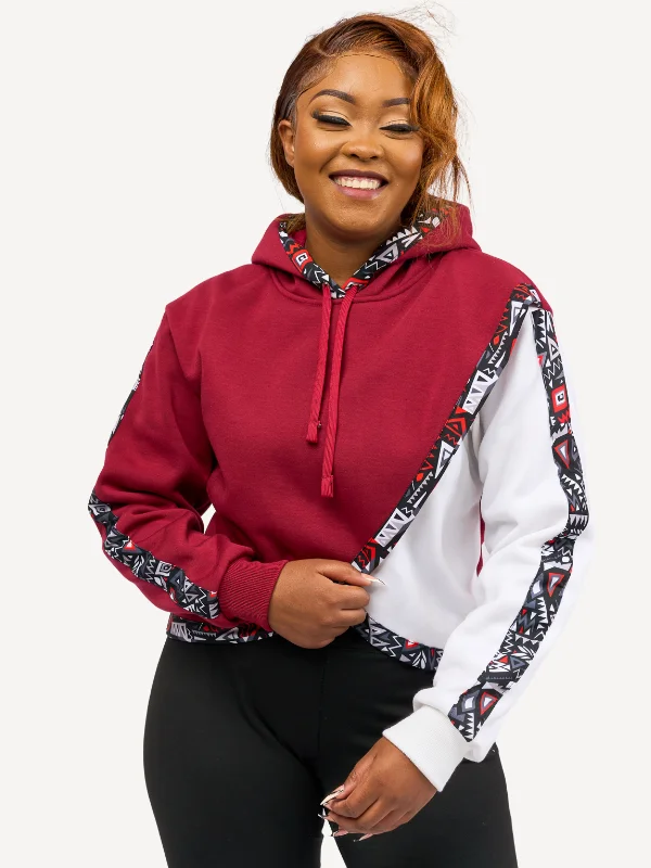 Ladies Block Hoodies: White & Maroon with Red & Grey KK Hoodie with Earth Tones Natural Calm