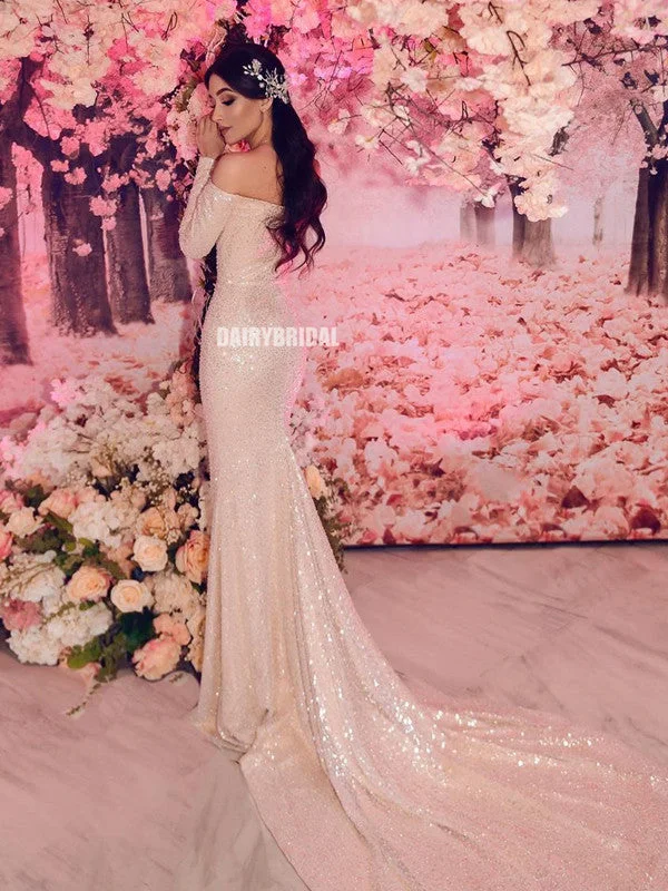 Off Shoulder Mermaid Sparkly Sequin Long Sleeves Prom Dresses, FC4398 Boatneck Modish Everyday