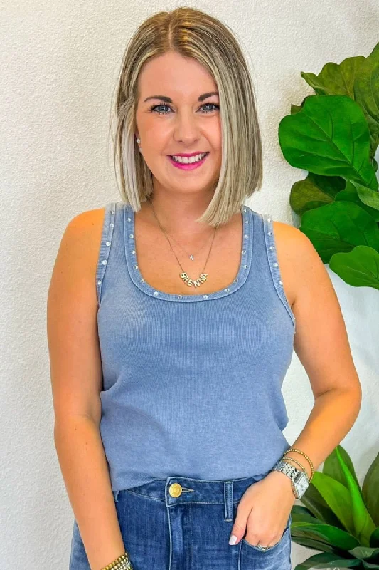 Sequin Trim Rib Tank - Denim sexy tank top