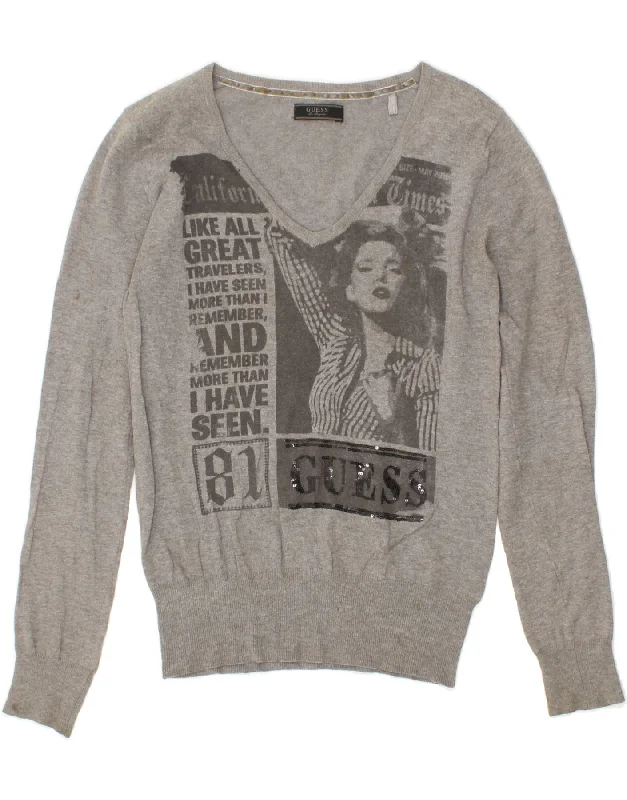 GUESS Womens Graphic V-Neck Jumper Sweater UK 10 Small Grey Cotton Cable Knit Ribbed Knit Lace Knit