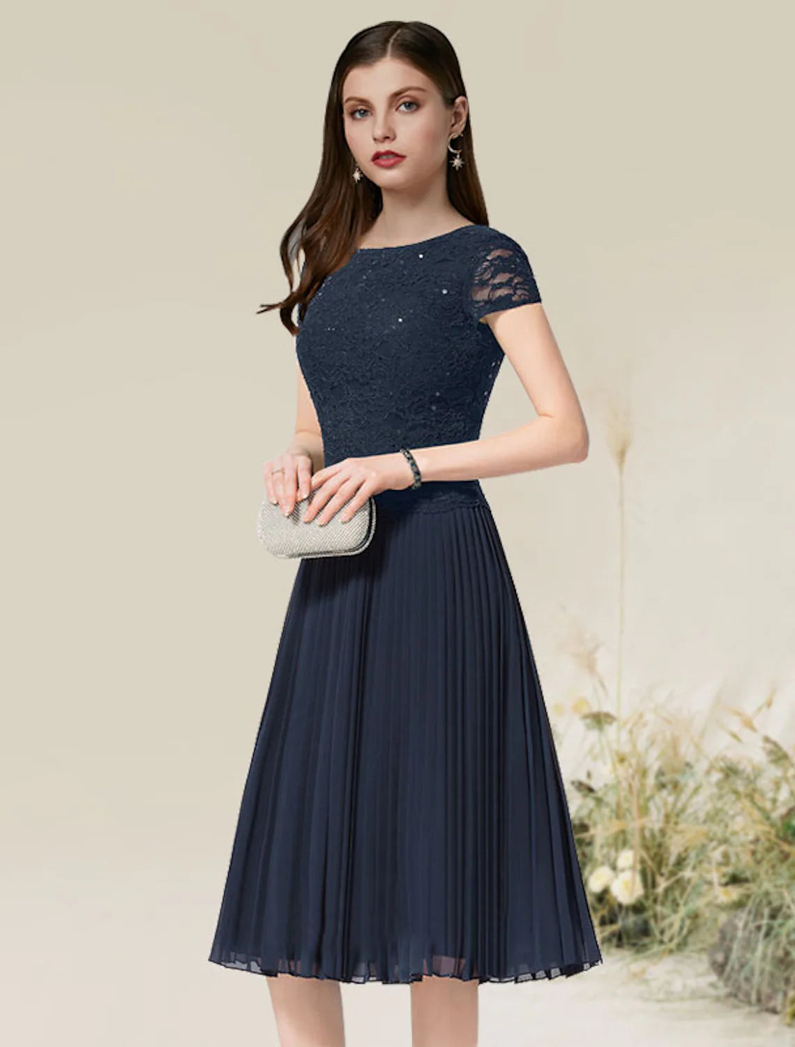 A-Line Cocktail Dresses Flirty Dress Homecoming Tea Length Short Sleeve Jewel Neck Chiffon with Pleats Tunics Sale discount