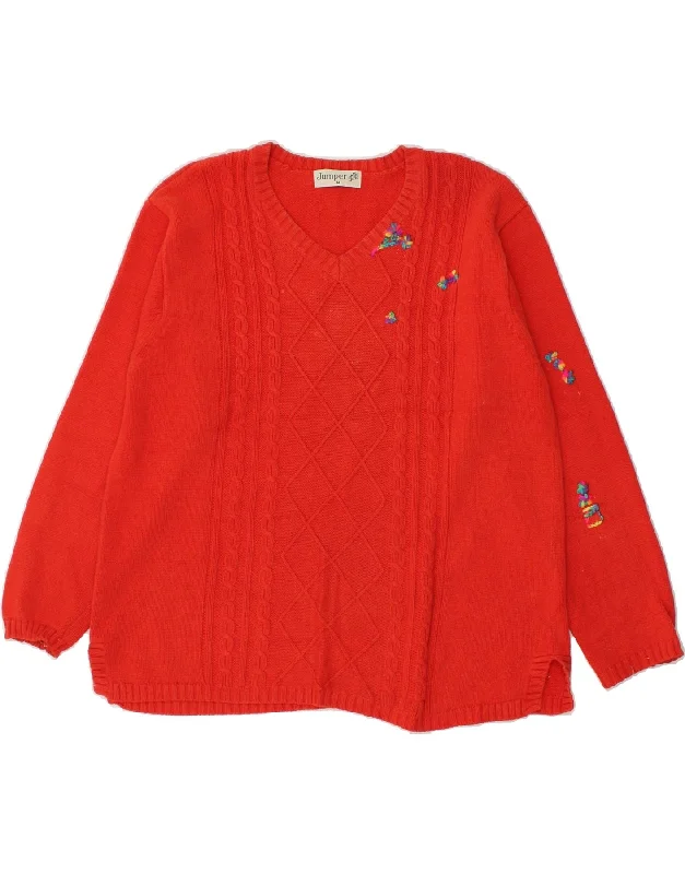 JUMPER Womens V-Neck Jumper Sweater UK 14 Medium Red Cotton Denim Fabric Leather Fabric Suede Fabric
