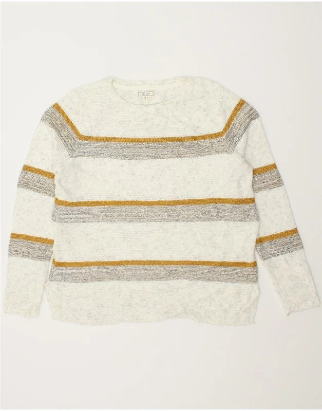 FAT FACE Womens Boat Neck Jumper Sweater UK 10 Small White Striped Handmade Hand-knitted Hand-woven