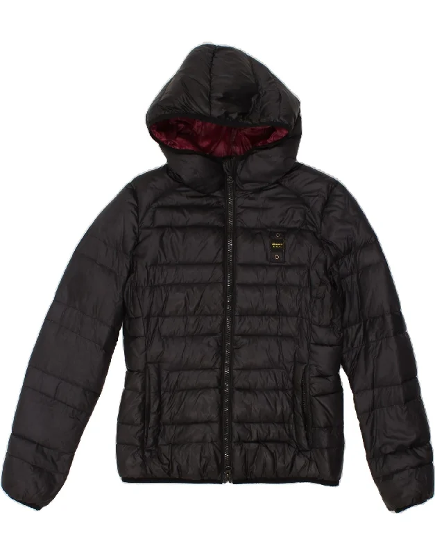 BLAUER Womens Hooded Padded Jacket UK 10 Small Black Polyamide Wool Fabric Cashmere Fabric Tweed Fabric