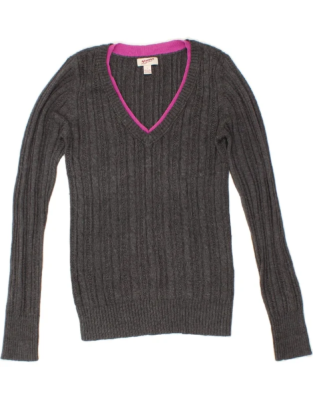 ARIZONA Womens V-Neck Jumper Sweater UK 14 Large Grey Cotton Long Sweater Short Sweater Cropped Sweater