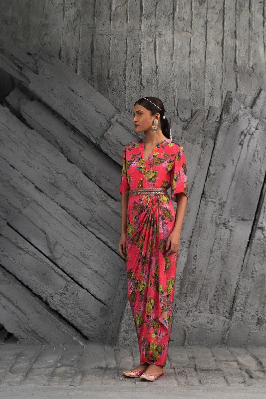 Raspberry Printed Draped Dress Tunic Top Casual