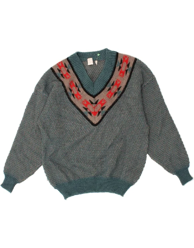 VINTAGE Womens V-Neck Jumper Sweater IT 54 3XL Blue Fair Isle Alpaca Wool Elegant Classic Vintage