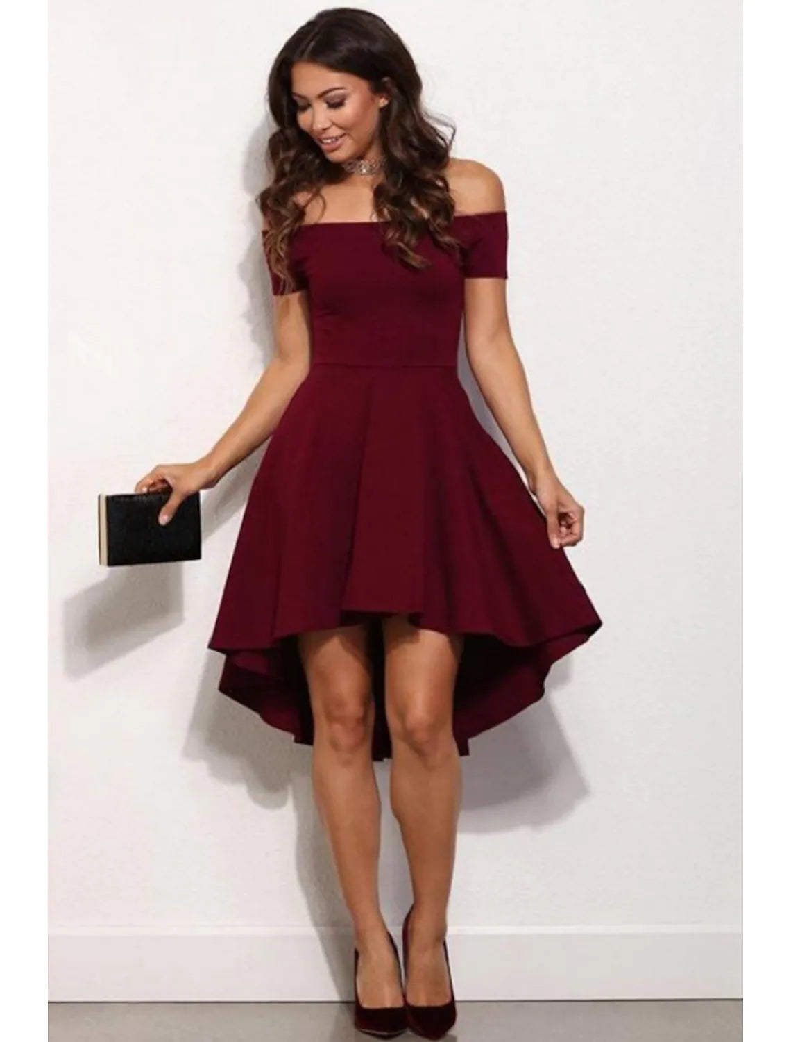 Homecoming Party Wear Dress Off Shoulder Short Sleeve Mini Stretch Satin Tunics Modern contemporary