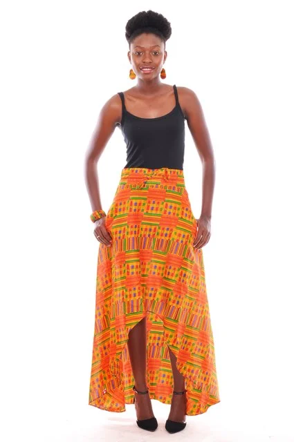 Kente-Print Ruffled High-Low Maxi Skirt-DP3227HL corduroy skirt cozy