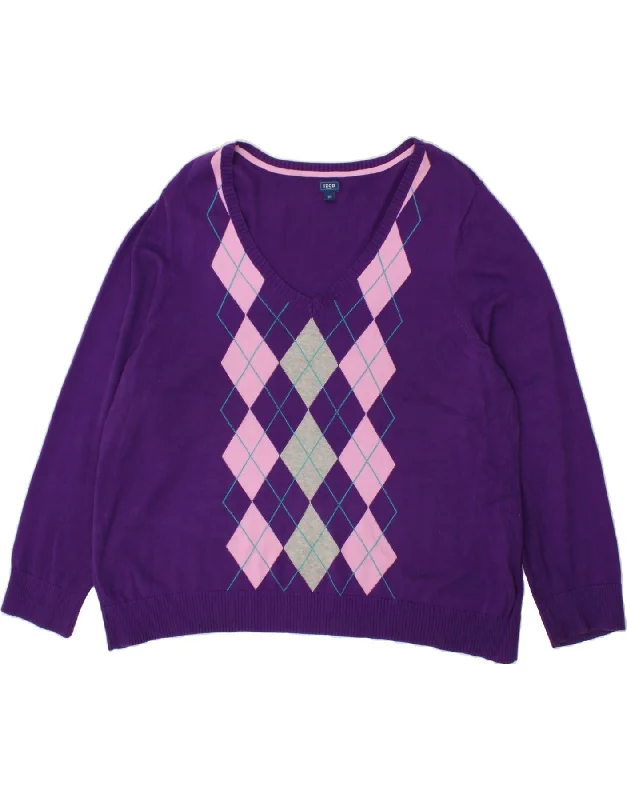 IZOD Womens V-Neck Jumper Sweater UK 22 3XL Purple Argyle/Diamond Cotton Beaded Sweater Sequined Faux Fur