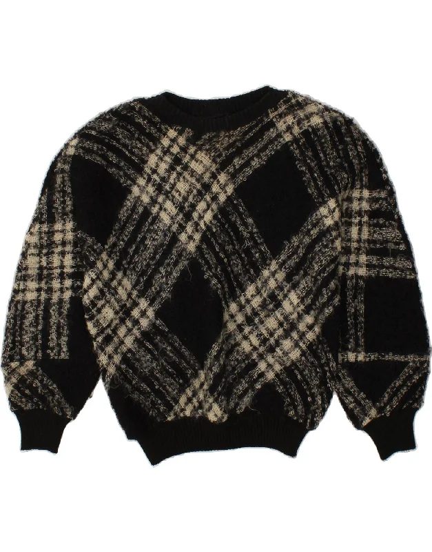 VINTAGE Womens 3/4 Sleeve Boat Neck Jumper Sweater UK 16 Large Black Check Fleece Sweater Nylon Polyester