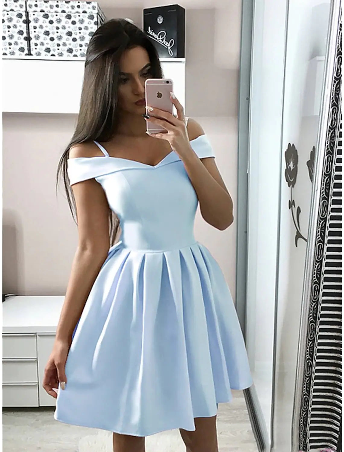 Sexy Party Wear Cocktail Dress V Neck Sleeveless Knee Length Stretch Fabric Pleats Casual Short Summer