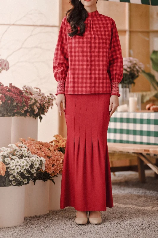 The Embun Women Trumpet Skirt - Crimson Red denim skirt casual