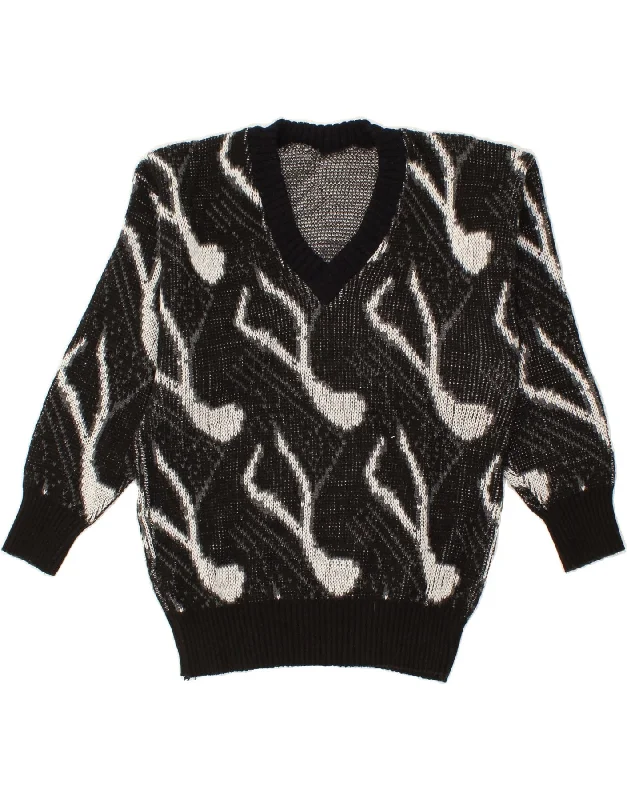VINTAGE Womens Abstract Pattern V-Neck Jumper Sweater UK 14 Medium Black Welt Pockets Slit Pockets Flap Pockets
