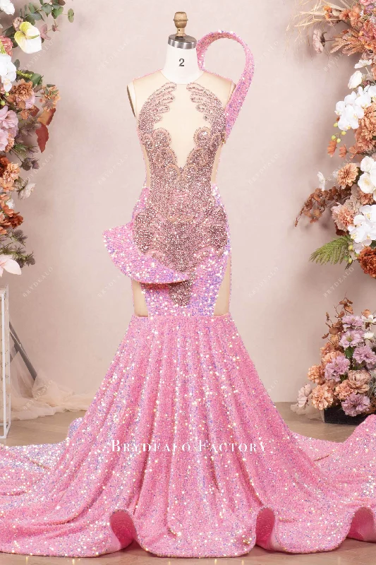 Sparkly Pink Sequin Rhinestone Shoulder Panel Prom Dress Tunics Luxurious high-end