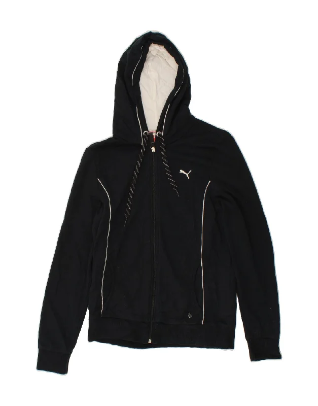 PUMA Womens Zip Hoodie Sweater UK 12 Medium Navy Blue Cotton Long Sweater Short Sweater Cropped Sweater