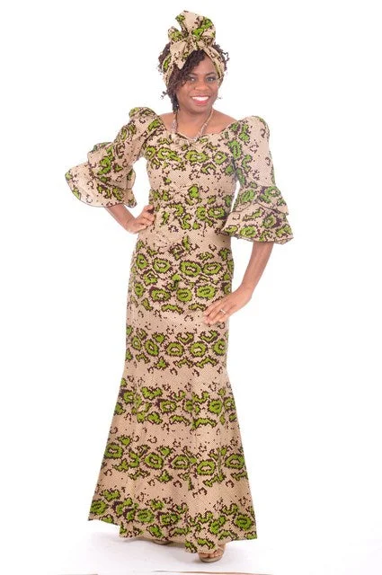 Green Beige Brown African Print Top and Skirt-DP3288 wool skirt thick