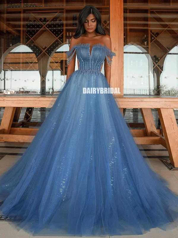 Off Shoulder A-line Tulle Long Sequin Prom Dress, FC5324 Boat Neckline Classic