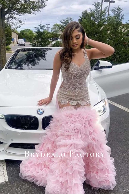 Shimmer Rhinestones Pink Tiered Tulle Floor Length Trumpet Prom Dress Tunics Hiking breathable