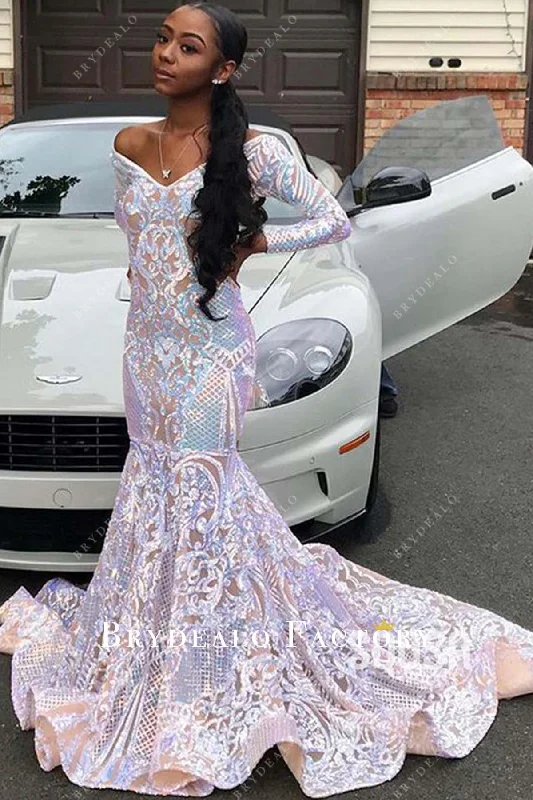 Iridescent Sequin Off Shoulder V-neck Long Sleeve Mermaid Prom Dress Tunics Canvas sturdy