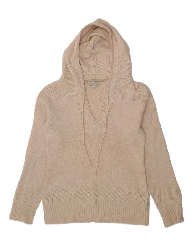 FAT FACE Womens Hooded V-Neck Jumper Sweater UK 10 Small Beige Wool Chenille Blend Fleece Blend Nylon Blend