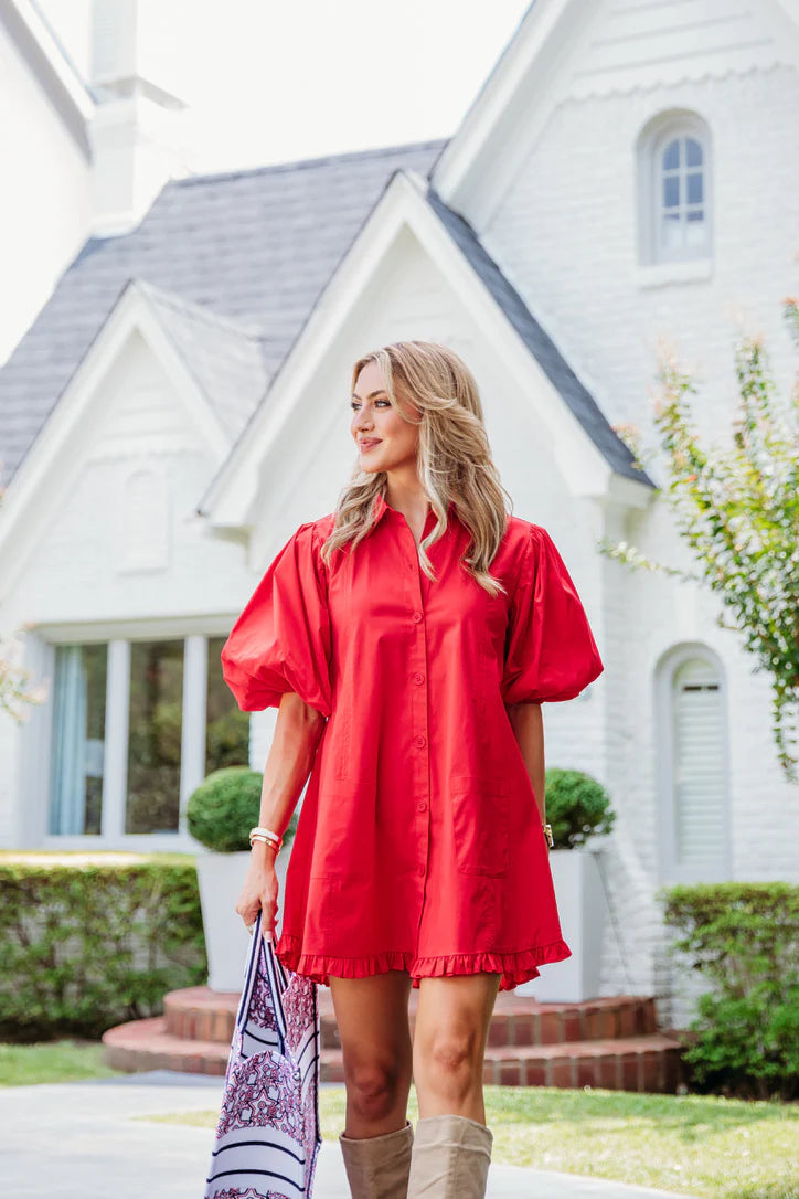 Solid Puff Sleeve Pocket Dress- Red Boatneck Modish Everyday