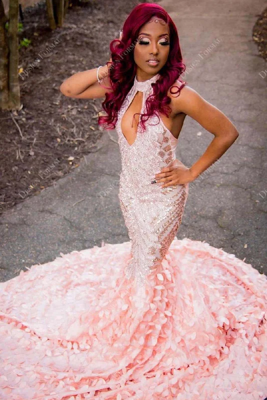 Pink Sequin Keyhole Custom 3D Leaf Mermaid Prom Dress Tunics Short Trendy