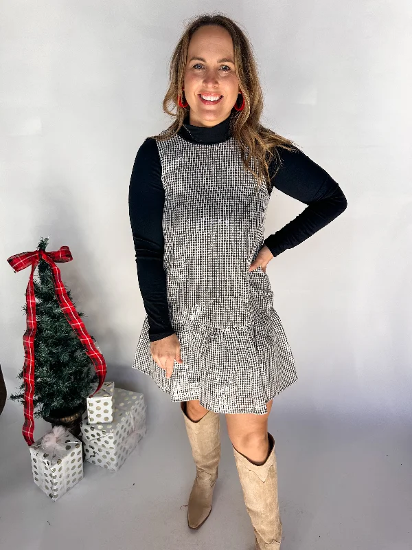 Sleeveless Sequined Checkered Dress- Black Tunics Cozy soft