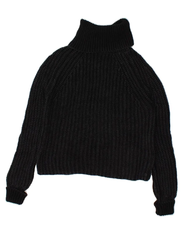 REPLAY Womens Crop Roll Neck Jumper Sweater UK 6 XS Black Cotton Polka Dot Checkered Tartan
