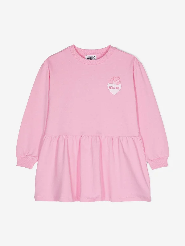 Moschino Girls Teddy Bear Logo Sweater Dress in Pink Tailored Straight A-Line