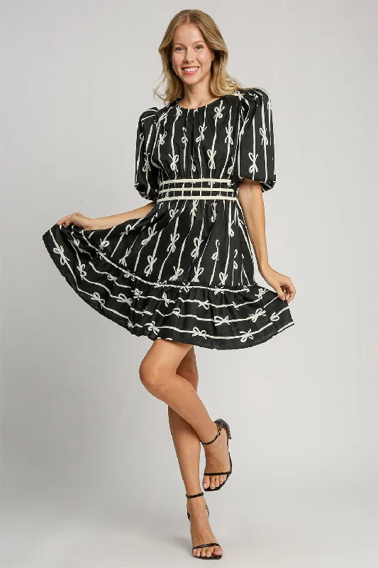 Ribbon Print Frill Contrast Velvet Trim Half Sleeve Dress Tunics Bridal satin