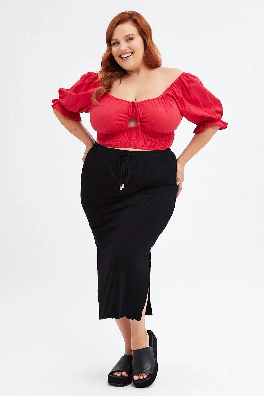 Black High Waist Side Slit Midi Jersey Skirt Budget-Friendly Jersey Tee