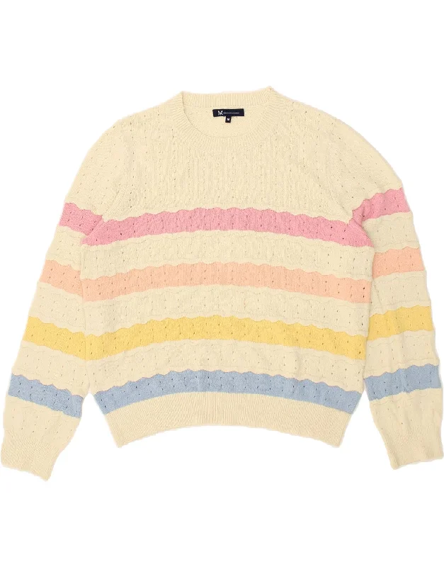 CREW CLOTHING Womens Crew Neck Jumper Sweater UK 18 XL White Striped Zippered Buttoned Snapped