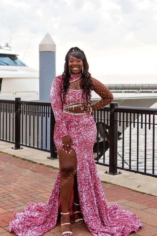 Pink Sequin Illusion Cutout High Slit Customized Plus Size Mermaid Prom Dress Boatneck Modish Everyday