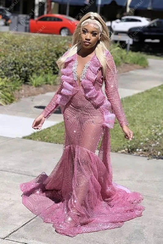 Pink Glitter Ruffled Sheer Mermaid Designer Prom Dress Turtleneck Warm Winter