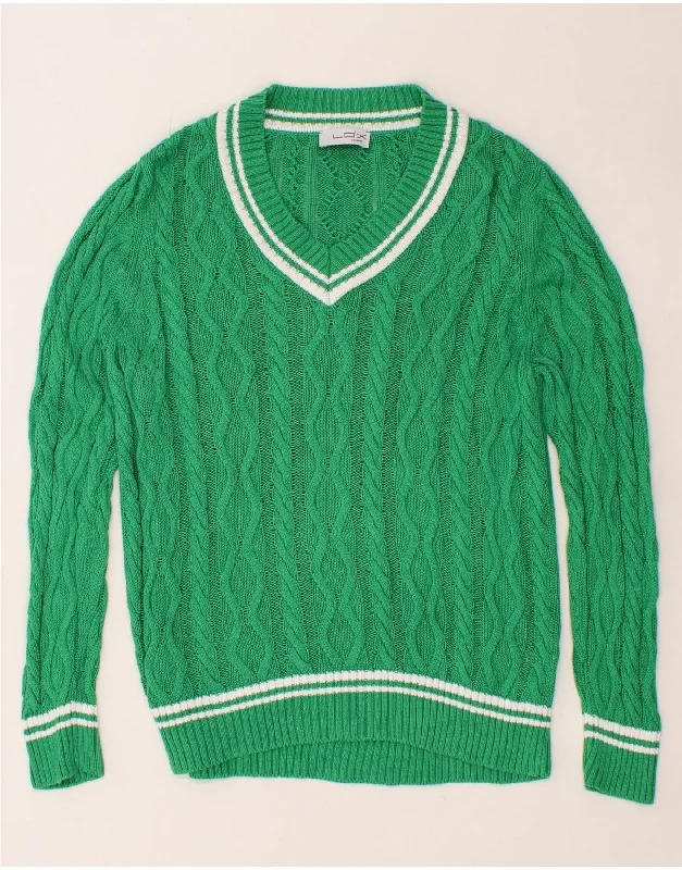 LO'X LOOXENT Womens V-Neck Jumper Sweater UK 18 XL Green Cotton Wool Fabric Cashmere Fabric Tweed Fabric