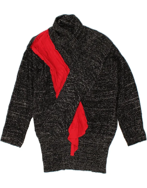 VINTAGE Womens Shawl Neck Jumper Sweater IT 44 Medium Black Colourblock Fleece Sweater Nylon Polyester