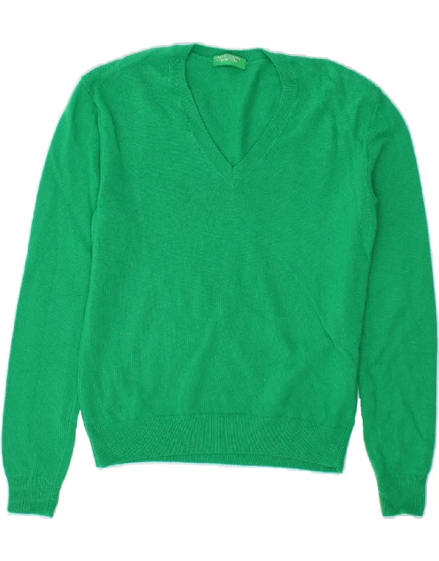 BENETTON Womens V-Neck Jumper Sweater UK 10 Small Green New Wool Elegant Classic Vintage