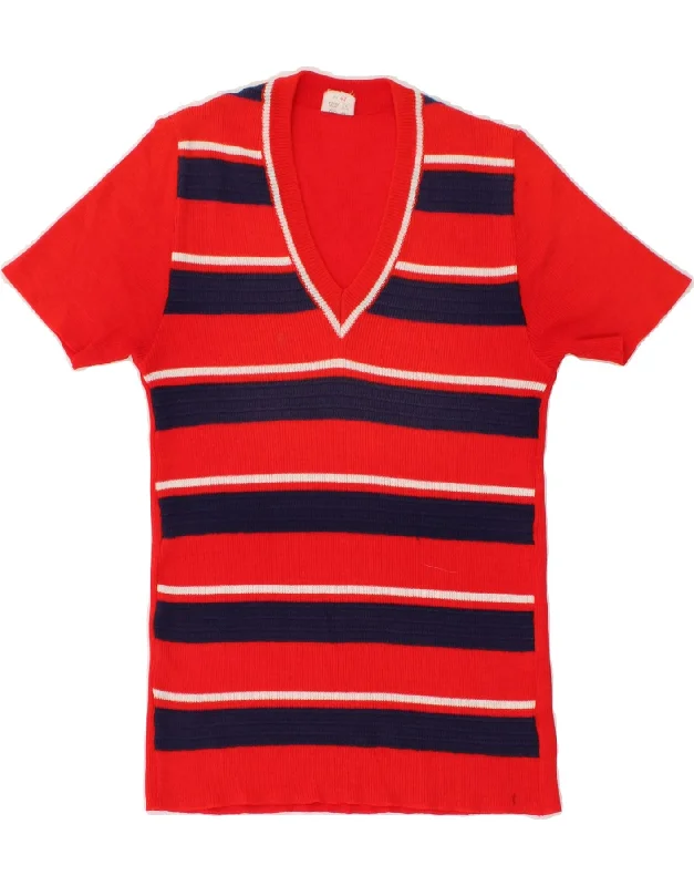 VINTAGE Womens Short Sleeve V-Neck Jumper Sweater IT 42 Medium Red Striped Solid Color Striped Floral Print