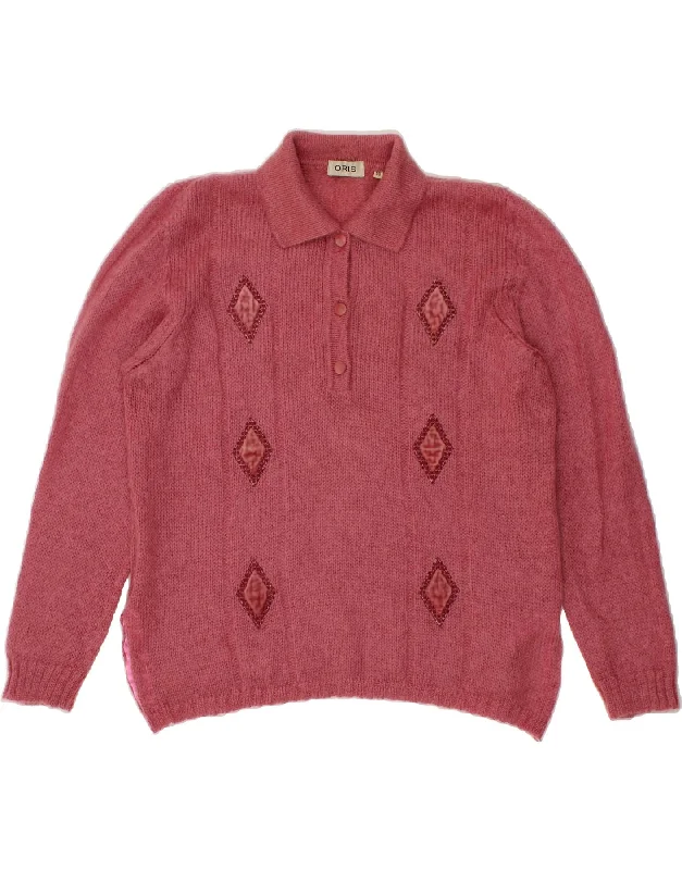 ORIS Womens Polo Neck Jumper Sweater IT 50 XL Pink Argyle/Diamond Tailored Straight A-Line