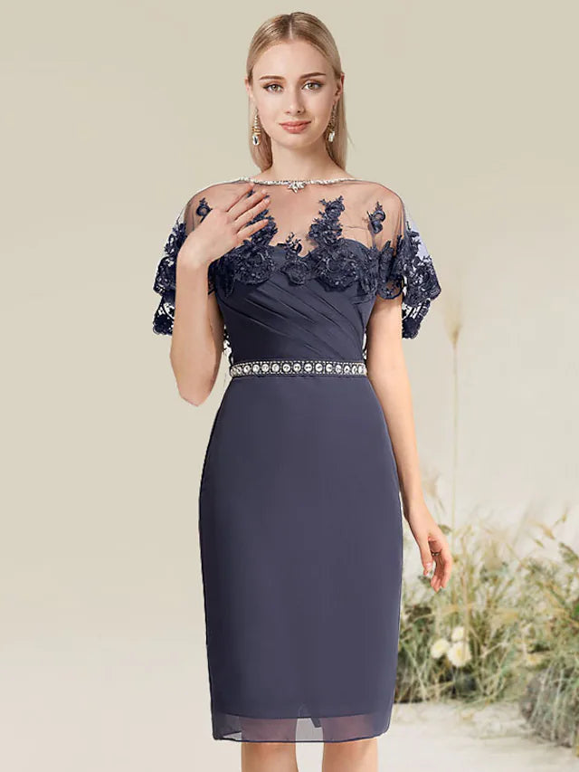 Cocktail Dresses Wedding Knee Length Short Sleeve Strapless Lace Cowl Neckline Elegant
