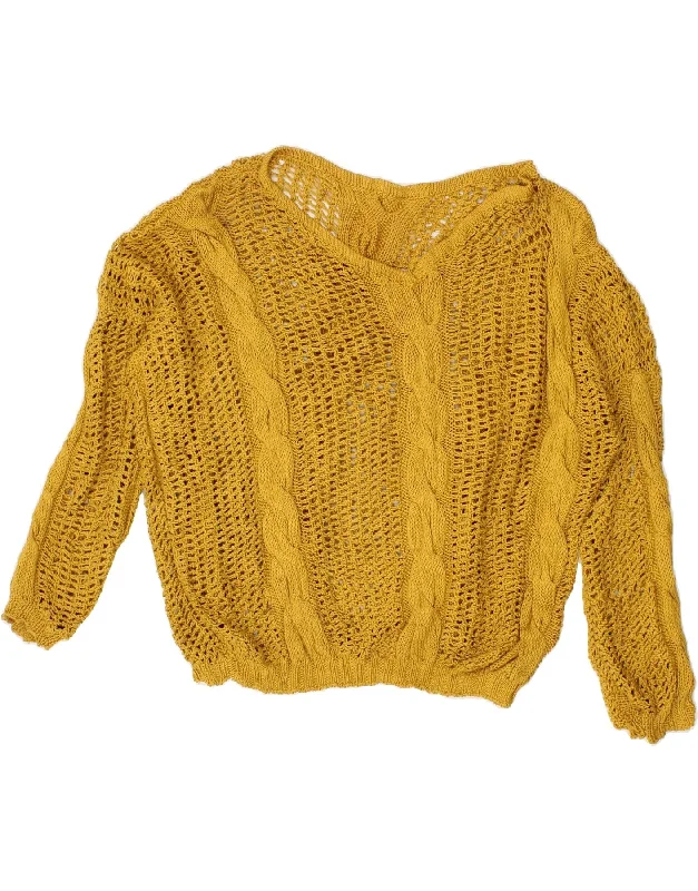 VINTAGE Womens See Through V-Neck Jumper Sweater UK 20 2XL Yellow Handmade Hand-knitted Hand-woven